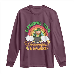 Funny St Patricks Day Long Sleeve Shirt Prone To Shenanigans and Malarkey Cute Leprechaun Rainbow TS02 Maroon Print Your Wear