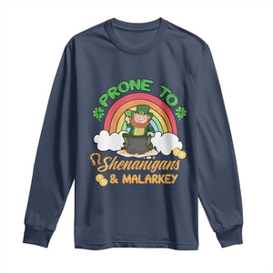 Funny St Patricks Day Long Sleeve Shirt Prone To Shenanigans and Malarkey Cute Leprechaun Rainbow TS02 Navy Print Your Wear