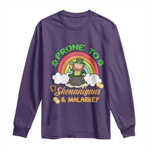 Funny St Patricks Day Long Sleeve Shirt Prone To Shenanigans and Malarkey Cute Leprechaun Rainbow TS02 Purple Print Your Wear