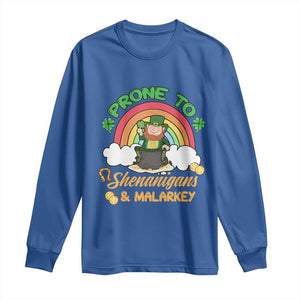 Funny St Patricks Day Long Sleeve Shirt Prone To Shenanigans and Malarkey Cute Leprechaun Rainbow TS02 Royal Blue Print Your Wear