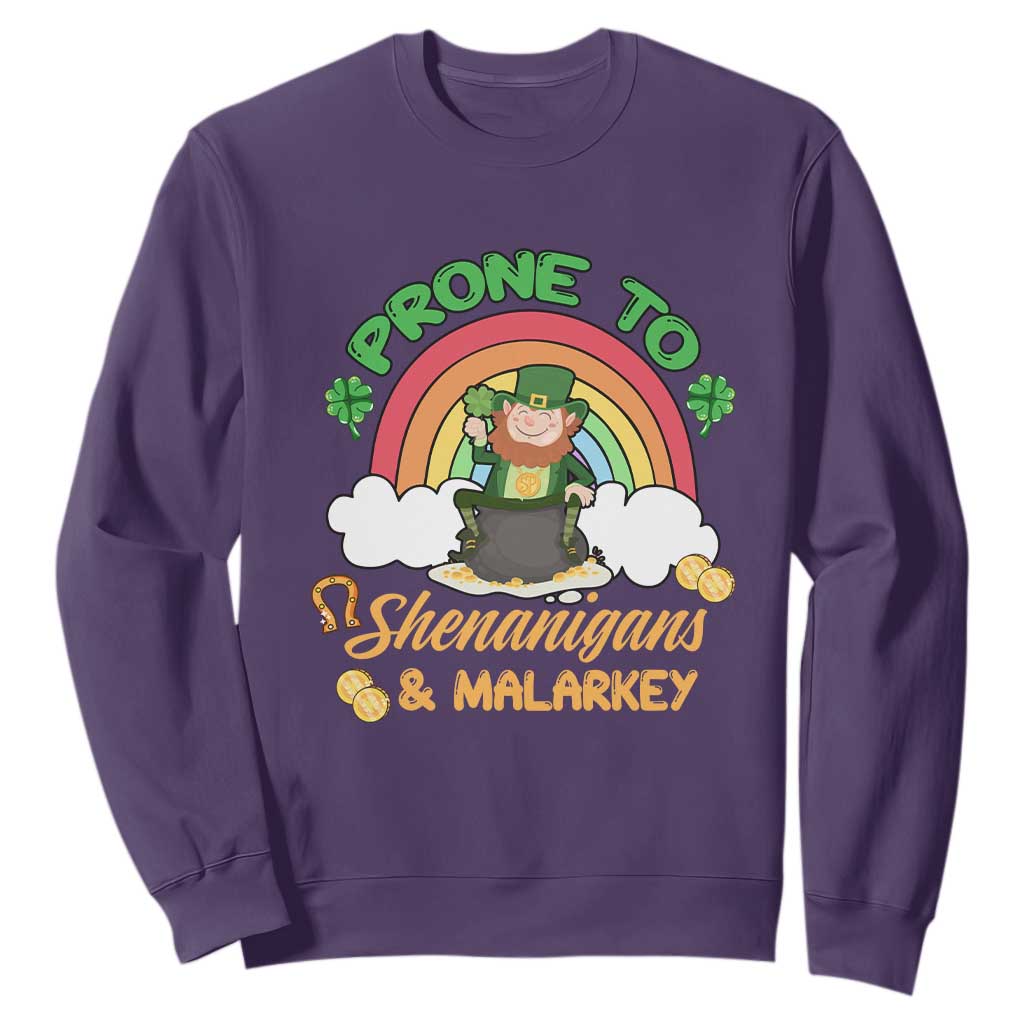 Funny St. Patricks Day Sweatshirt Prone To Shenanigans and Malarkey Cute Leprechaun Rainbow TS02 Purple Printyourwear