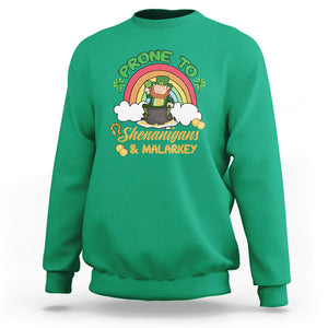 Funny St. Patricks Day Sweatshirt Prone To Shenanigans and Malarkey Cute Leprechaun Rainbow TS02 Irish Green Printyourwear