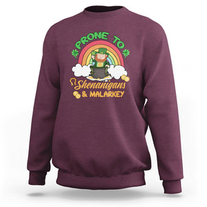 Funny St. Patricks Day Sweatshirt Prone To Shenanigans and Malarkey Cute Leprechaun Rainbow TS02 Maroon Printyourwear