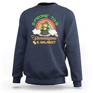 Funny St. Patricks Day Sweatshirt Prone To Shenanigans and Malarkey Cute Leprechaun Rainbow TS02 Navy Printyourwear