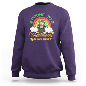 Funny St. Patricks Day Sweatshirt Prone To Shenanigans and Malarkey Cute Leprechaun Rainbow TS02 Purple Printyourwear