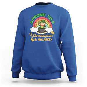 Funny St. Patricks Day Sweatshirt Prone To Shenanigans and Malarkey Cute Leprechaun Rainbow TS02 Royal Blue Printyourwear