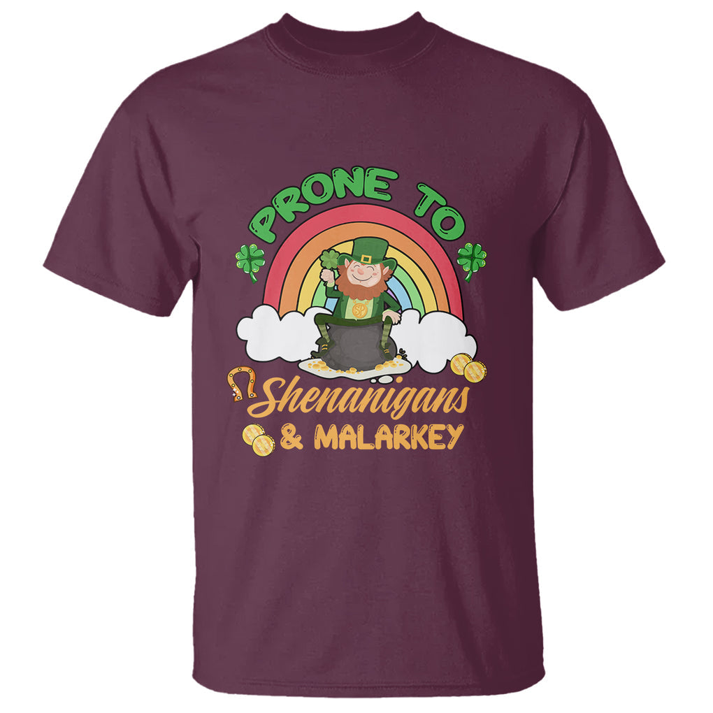 Funny St. Patricks Day T Shirt Prone To Shenanigans and Malarkey Cute Leprechaun Rainbow TS02 Maroon Printyourwear