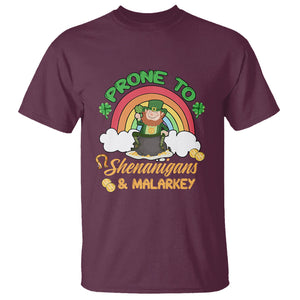 Funny St. Patricks Day T Shirt Prone To Shenanigans and Malarkey Cute Leprechaun Rainbow TS02 Maroon Printyourwear