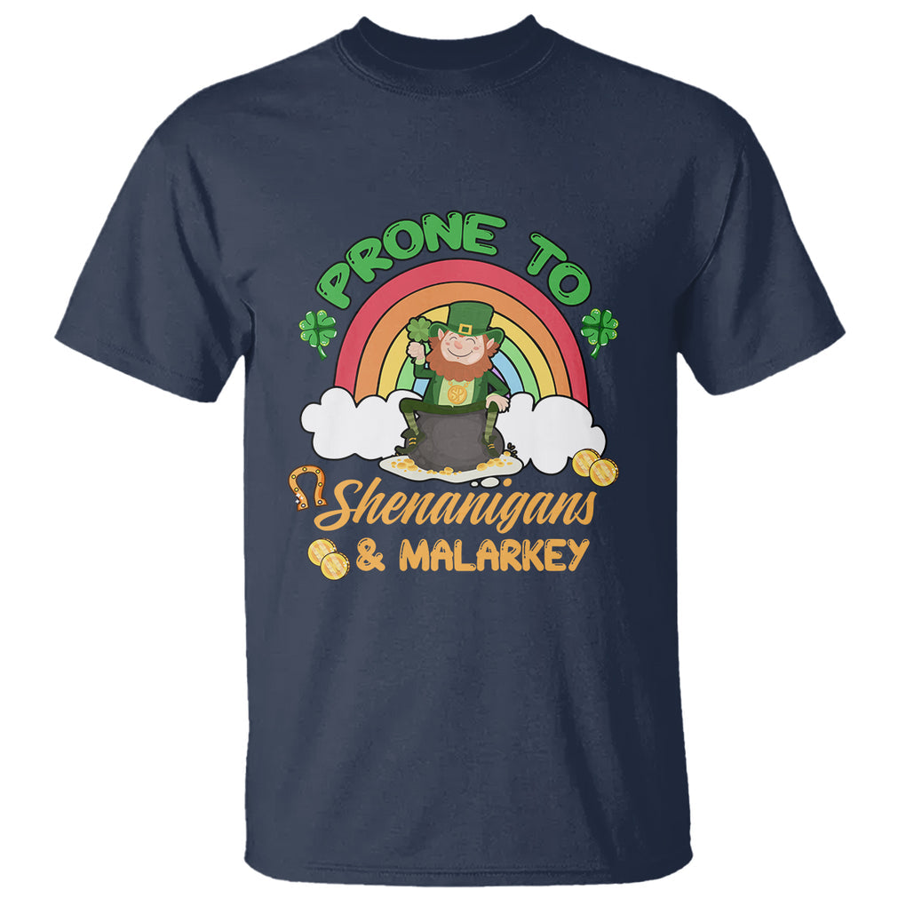 Funny St. Patricks Day T Shirt Prone To Shenanigans and Malarkey Cute Leprechaun Rainbow TS02 Navy Printyourwear