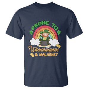 Funny St. Patricks Day T Shirt Prone To Shenanigans and Malarkey Cute Leprechaun Rainbow TS02 Navy Printyourwear