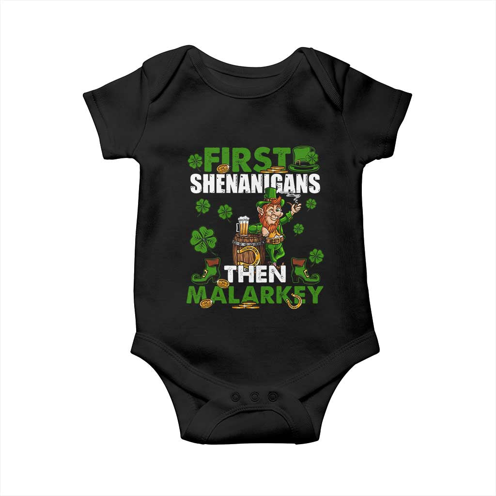 Funny St Patricks Day Baby Onesie First Shenanigans Then Malarkey Drinking Leprechaun TS02 Black Print Your Wear