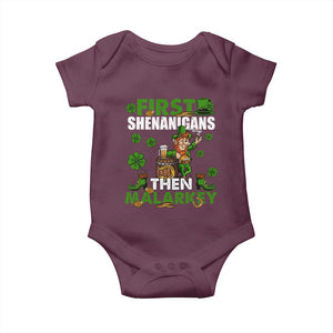 Funny St Patricks Day Baby Onesie First Shenanigans Then Malarkey Drinking Leprechaun TS02 Maroon Print Your Wear