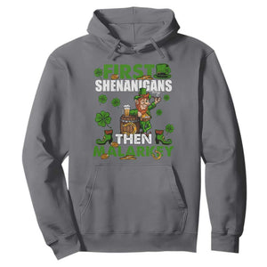 Funny St. Patricks Day Hoodie First Shenanigans Then Malarkey Drinking Leprechaun TS02 Charcoal Printyourwear