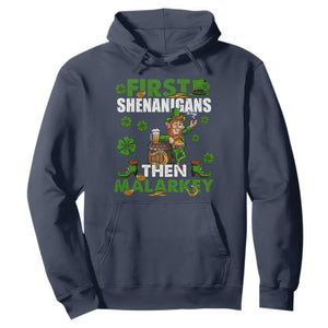 Funny St. Patricks Day Hoodie First Shenanigans Then Malarkey Drinking Leprechaun TS02 Navy Printyourwear
