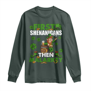 Funny St Patricks Day Long Sleeve Shirt First Shenanigans Then Malarkey Drinking Leprechaun TS02 Dark Forest Green Print Your Wear