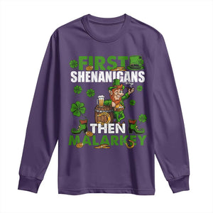 Funny St Patricks Day Long Sleeve Shirt First Shenanigans Then Malarkey Drinking Leprechaun TS02 Purple Print Your Wear