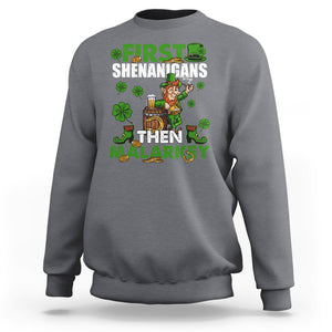 Funny St. Patricks Day Sweatshirt First Shenanigans Then Malarkey Drinking Leprechaun TS02 Charcoal Printyourwear