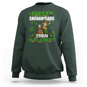 Funny St. Patricks Day Sweatshirt First Shenanigans Then Malarkey Drinking Leprechaun TS02 Dark Forest Green Printyourwear