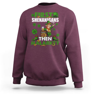 Funny St. Patricks Day Sweatshirt First Shenanigans Then Malarkey Drinking Leprechaun TS02 Maroon Printyourwear