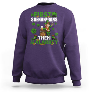 Funny St. Patricks Day Sweatshirt First Shenanigans Then Malarkey Drinking Leprechaun TS02 Purple Printyourwear