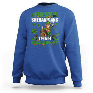 Funny St. Patricks Day Sweatshirt First Shenanigans Then Malarkey Drinking Leprechaun TS02 Royal Blue Printyourwear