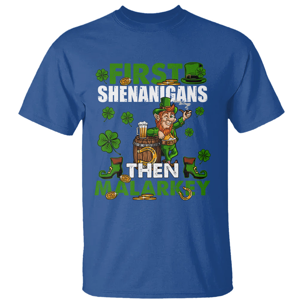 Funny St. Patricks Day T Shirt First Shenanigans Then Malarkey Drinking Leprechaun TS02 Royal Blue Printyourwear