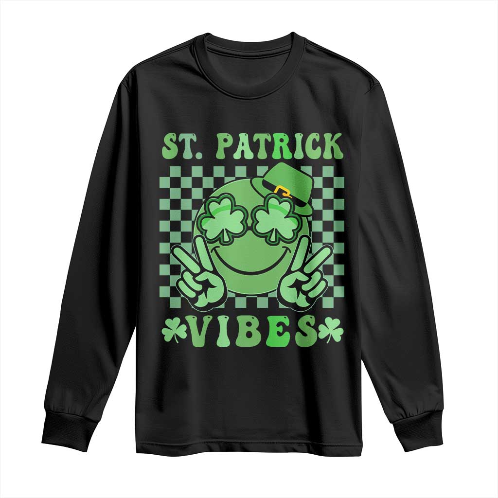 Funny St Patricks Day Long Sleeve Shirt St Patrick Vibes Retro Groovy TS02 Black Print Your Wear