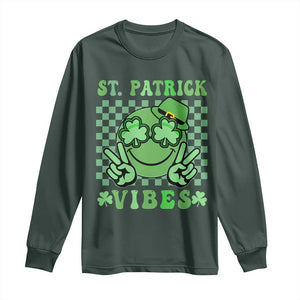 Funny St Patricks Day Long Sleeve Shirt St Patrick Vibes Retro Groovy TS02 Dark Forest Green Print Your Wear