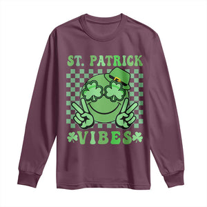 Funny St Patricks Day Long Sleeve Shirt St Patrick Vibes Retro Groovy TS02 Maroon Print Your Wear