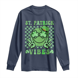 Funny St Patricks Day Long Sleeve Shirt St Patrick Vibes Retro Groovy TS02 Navy Print Your Wear