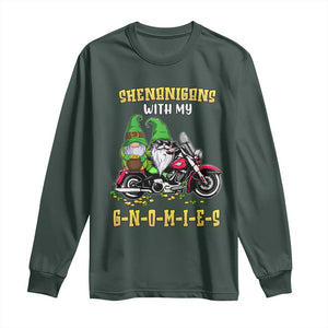 Funny St Patricks Day Gnome Long Sleeve Shirt Shenanigans With My Gnomies Motorbike Rider TS02 Dark Forest Green Print Your Wear