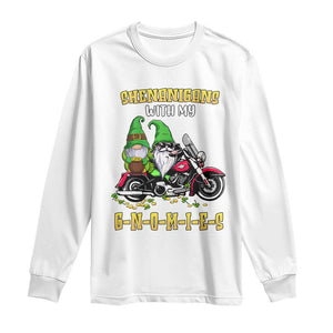 Funny St Patricks Day Gnome Long Sleeve Shirt Shenanigans With My Gnomies Motorbike Rider TS02 White Print Your Wear