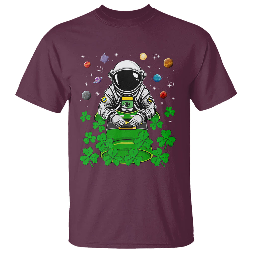 Funny St. Patricks Day Astronaut T Shirt Outer Space Leprechaun TS02 Maroon Printyourwear