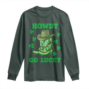 Funny St Patricks Cowboy Long Sleeve Shirt Howdy Go Lucky Boots Retro Irish Western TS02 Dark Forest Green Print Your Wear