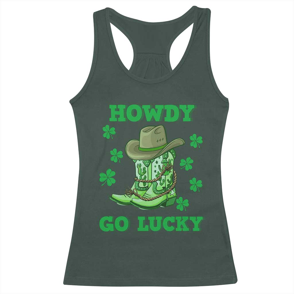 Funny St Patricks Cowboy Racerback Tank Top Howdy Go Lucky Boots Retro Irish Western TS02 Dark Forest Green Print Your Wear