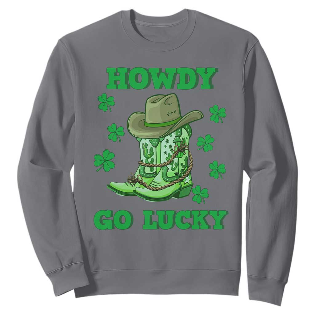 Funny St. Patricks Cowboy Sweatshirt Howdy Go Lucky Boots Retro Irish Western TS02 Charcoal Printyourwear