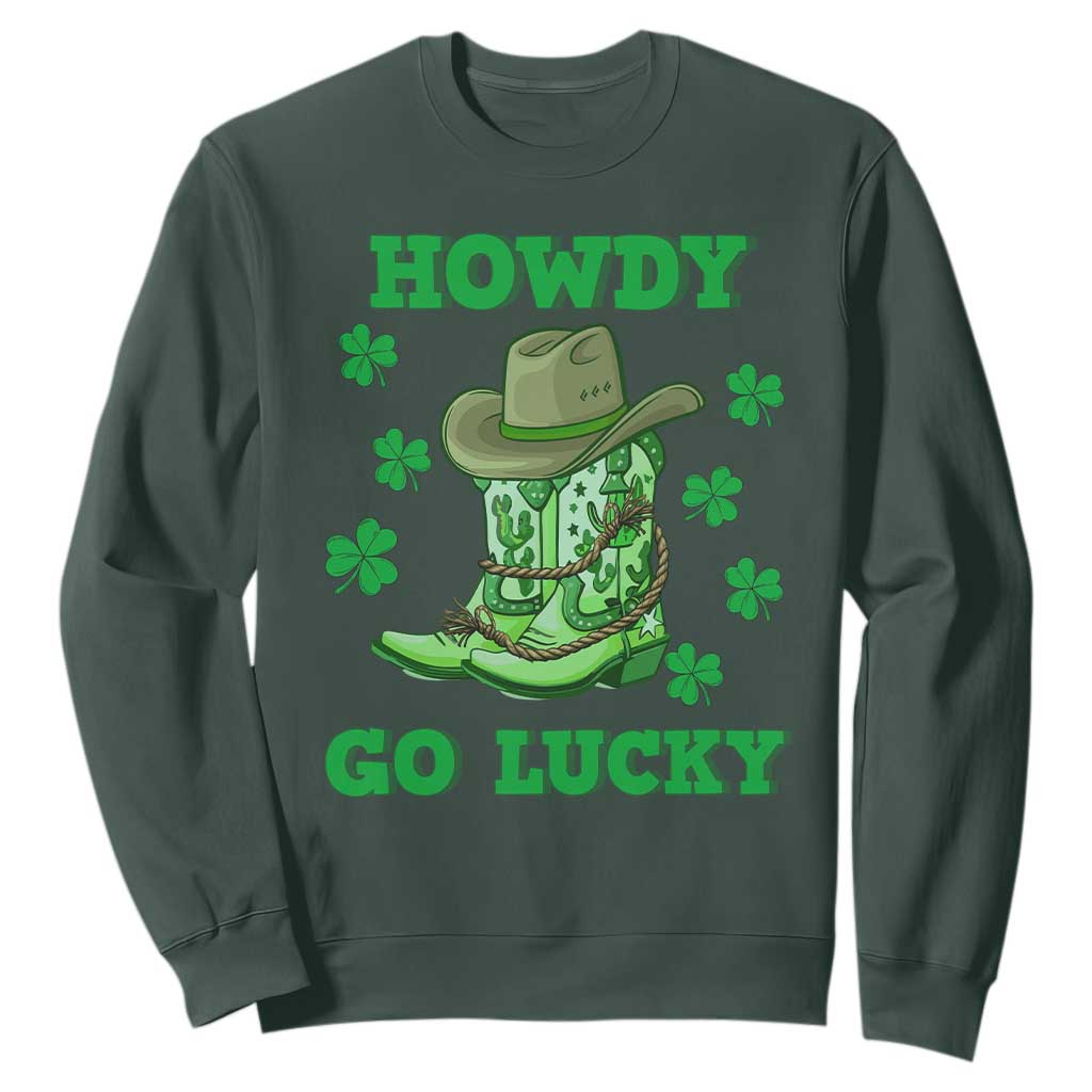 Funny St. Patricks Cowboy Sweatshirt Howdy Go Lucky Boots Retro Irish Western TS02 Dark Forest Green Printyourwear