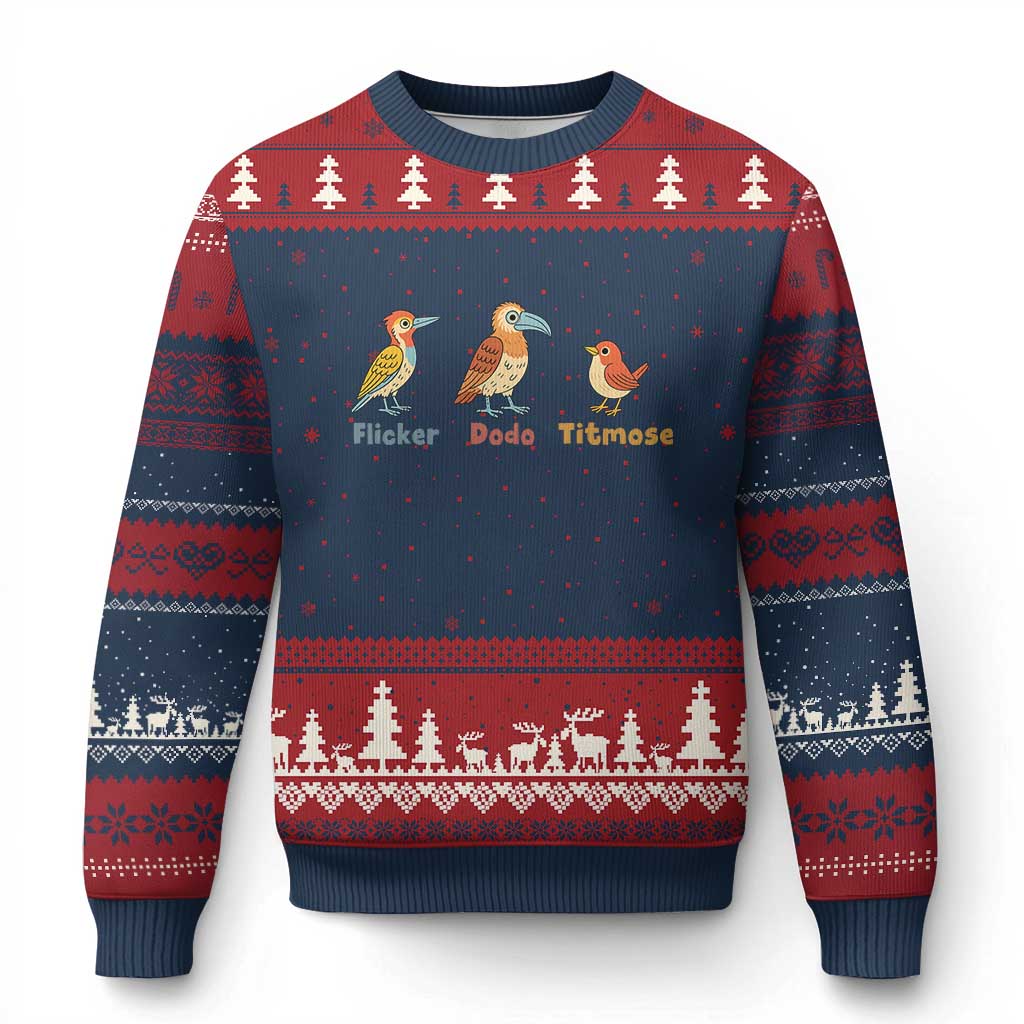 Flicker Dodo Titmouse Subtle FDT Ugly Christmas Sweater Funny Bird Lover Nature TS02 Navy Red Print Your Wear