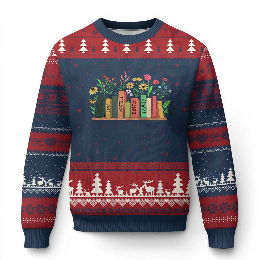 Subtle FDT 8647 Ugly Christmas Sweater Foxtrots Deltas Tangos Book Lovers Flower TS02 Navy Red Print Your Wear