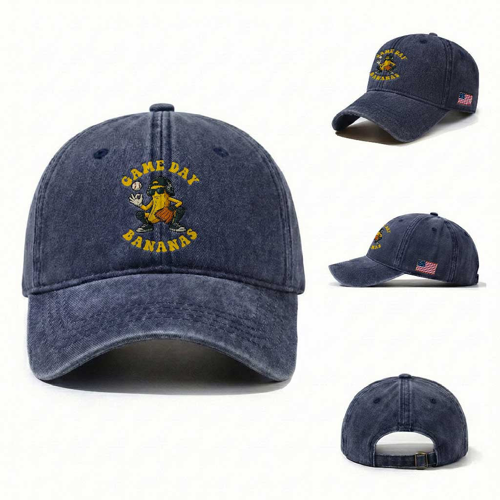 Cute Bananas Graphic Washed Cotton Baseball Cap Game Day Cool Catcher Baseball Lover TS02 Washed Cap Universal Fit Navy Print Your Wear