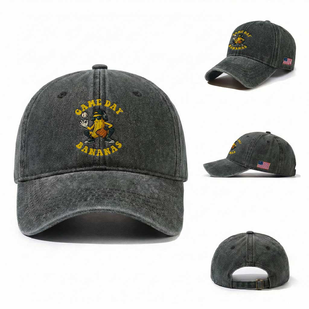 Cute Bananas Graphic Washed Cotton Baseball Cap Game Day Cool Catcher Baseball Lover TS02 Washed Cap Universal Fit Dark Green Print Your Wear