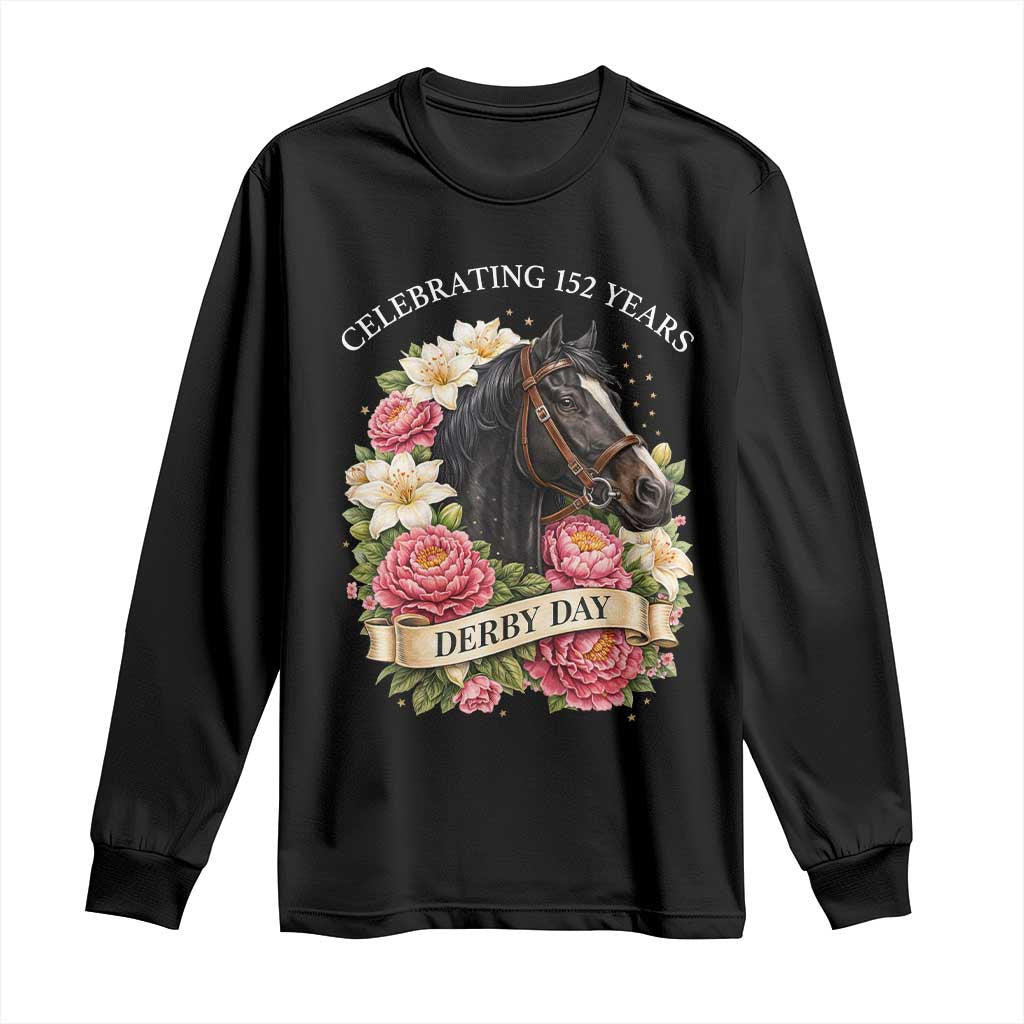 Celebrating 152 Years Derby Day Floral Long Sleeve Shirt Horse Racing Pink Peony White Lily Equestrian 152nd Anniversary TS02 Black Print Your Wear