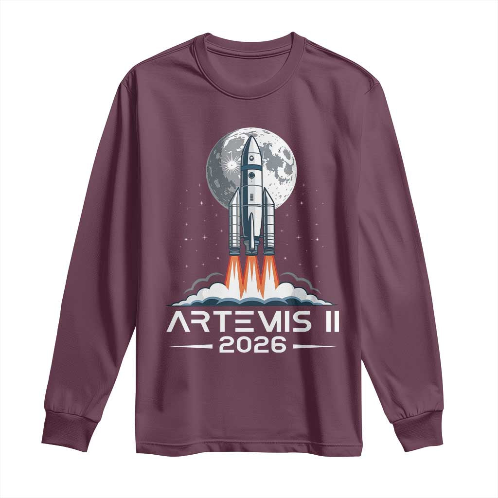 Lunar Journey 2026 Retro Rocket Launch Long Sleeve Shirt Space Exploration Astronomy Enthusiasts Sci-Fi Lovers TS02 Maroon Print Your Wear