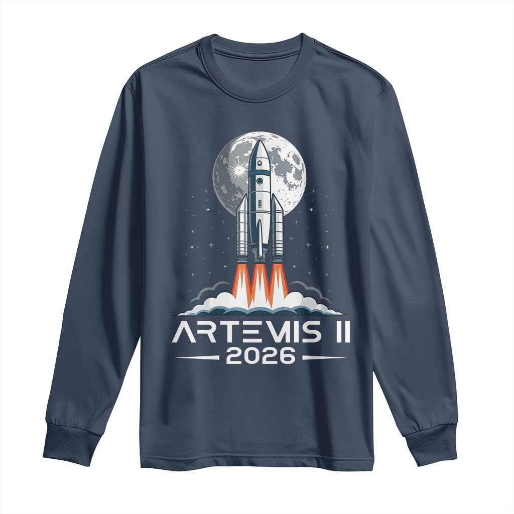 Lunar Journey 2026 Retro Rocket Launch Long Sleeve Shirt Space Exploration Astronomy Enthusiasts Sci-Fi Lovers TS02 Navy Print Your Wear