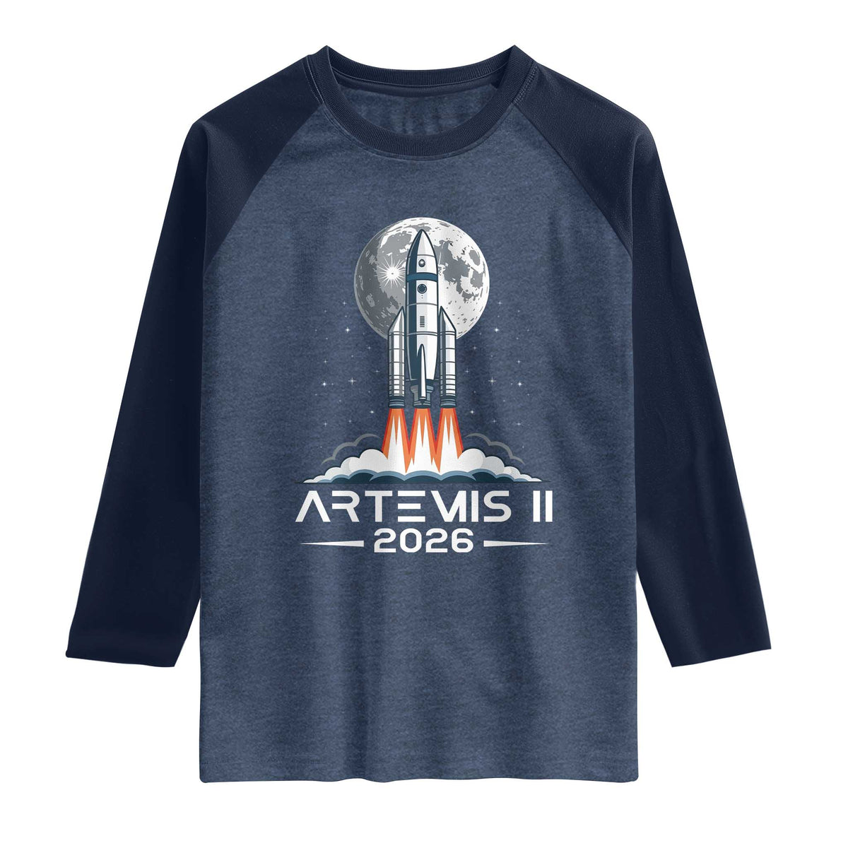 Lunar Journey 2026 Retro Rocket Launch Raglan Shirt Space Exploration Astronomy Enthusiasts Sci-Fi Lovers TS02 Heather Denim Navy Print Your Wear