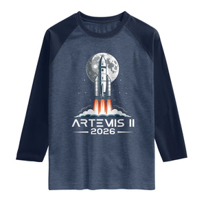 Lunar Journey 2026 Retro Rocket Launch Raglan Shirt Space Exploration Astronomy Enthusiasts Sci-Fi Lovers TS02 Heather Denim Navy Print Your Wear