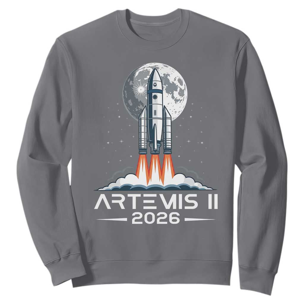 Lunar Journey 2026 Retro Rocket Launch Sweatshirt Space Exploration Astronomy Enthusiasts Sci-Fi Lovers TS02 Charcoal Print Your Wear