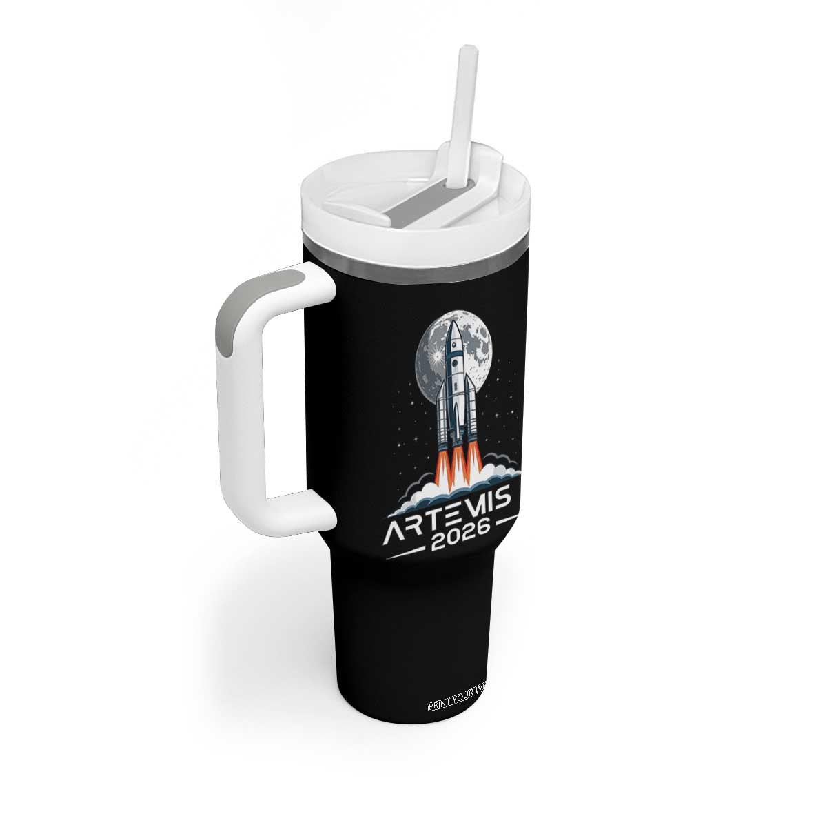 Lunar Journey 2026 Retro Rocket Launch Tumbler With Handle Space Exploration Astronomy Enthusiasts Sci-Fi Lovers TS02 Print Your Wear
