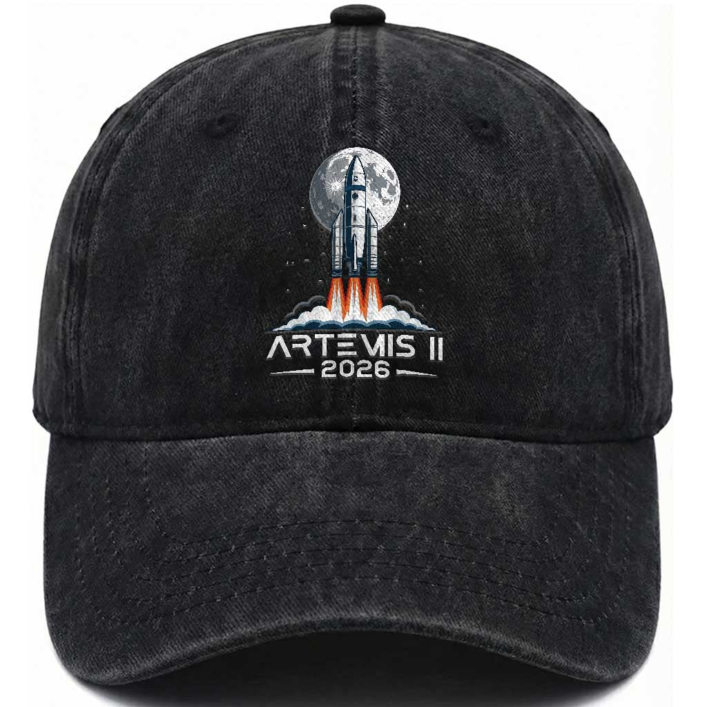 Lunar Journey 2026 Retro Rocket Launch Washed Cotton Baseball Cap Space Exploration Astronomy Enthusiasts Sci-Fi Lovers TS02 Print Your Wear