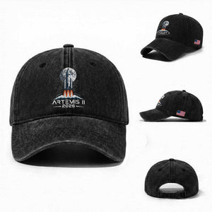 Lunar Journey 2026 Retro Rocket Launch Washed Cotton Baseball Cap Space Exploration Astronomy Enthusiasts Sci-Fi Lovers TS02 Washed Cap Universal Fit Black Print Your Wear